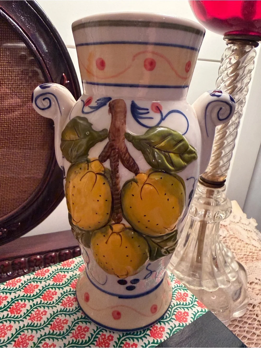 Hand-Painted Ceramic Vase with Yellow Fruit Motif